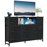 DUMOS TV Stand Dresser with 8 Fabric Drawers and Open Shelves, LED Entertainment Center with Charging Station, Wood Top Media Console for 45-55 inch, Bedroom, Woodgrain Black