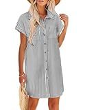 Zeagoo Women's Cotton Dresses Casual Flowy Short Sleeve Linen Shirt Dress Button On A-Line Summer Beach Sundress Relax Travel Cover Ups Stripe PrintM