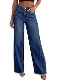 Sidefeel Women's High Waisted Mom Jeans Stretchy Raw Hem Straight Leg Denim Pants Size 16 Deep Blue
