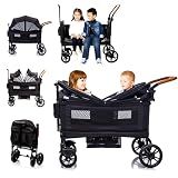 Luxury Wagon Stroller for 2 Kids & Cargo-Lightweight Foldable Travel Push Pull All-Terrain Double Wagon for 2 Toddlers with 5-Point Harness,Adjustable Handle,Canopy,Tray Table,Cup Holder