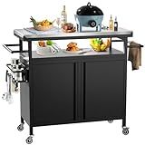 Nessxa Outdoor Grill Cart Bar Cart with Storage Cabinet for Grilling Accessories, XL Portable Outdoor Grill Table with Stainless Steel Top for Kitchen Prep, Lawn & Garden（Black）