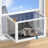 Cat Window Box Catio, Outdoor Indoor Cat Enclosure with Clear Panels, Mesh Sides & PVC Curtain, Universal Window Perch for Windows 25"–43", Window Catio for Sunbathing, Napping & Overlooking,Grey