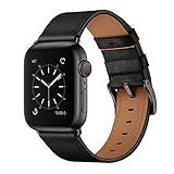 OUHENG Compatible with Apple Watch Band 49mm/46mm/45mm/44mm/42mm, Genuine Leather Band Replacement Strap Compatible with Apple Watch Ultra 2/1 Series 10/9/8/7/6/5/4/3/2/1/SE, Black/Black