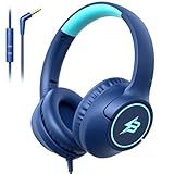 Kids Headphones Wired for School, 85/94dB Volume Limit, Wired Over Ear Headphones for Kids Boys Girls with Microphone, Stereo Sound 3.5mm Cord for Kindle Tablet Airplane Travel, Navy Blue