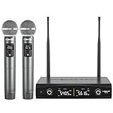 Phenyx Pro Wireless Microphone System, Metal Wireless Mic Set, Handheld Cordless Dynamic Microphones for Singing, Karaoke, Church, 2x30 UHF Tunable Frequencies,200 ft Range (PTU-52-2H)
