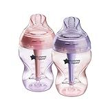 Tommee Tippee Advanced Anti-Colic 9 oz BPA Free Baby Bottles, Newborn 0+ Months, Slow Flow Breast-Like Nipple, Unique Design Keeps Air Away from Milk and Baby, Pink and Purple, Pack of 2