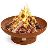 KOL Fire Pit for Outside Wood Burning, 27.5 Inch Round Firepit Bowl Outdoor and Patio, Heavy-Duty Steel Bonfire Pit Oxidized Finish, Free-Standing, Camping Backyard Terrace