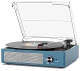 Vinyl Record Player with 2 Stereo Speakers Belt-Driven Vintage Turntables 3 Speed 3 Size Wireless Bluetooth Playback AUX-in RCA Out Headphone LP Vinyl Players Auto Stop Frosted Blue