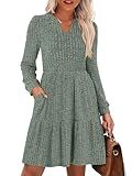 ANRABESS Long Sleeve Dress for Women Fall Fashion Outfits 2025 Casual V Neck Rib Knit Babydoll Sweater Dresses with Pockets Grey Green Medium