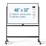 TSJ OFFICE Large Rolling Whiteboard - Dry Erase Magnetic 48 x 32 Inches White Board Height Adjust Double Sides Mobile Portable Easel on Wheels, Dry Erase Board with Stand for Office, Home & Classroom