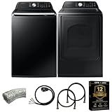 Samsung Smart 4.7 Cu Ft Top Load Washer & 7.4 Cu Ft Electric Dryer, Sensor Stops Overdrying, Low Vibration Quiet Wash, WaterJet w/Power Cords, Hoses, Vent Duct, 1 Year CPS Protection Bundle (Black)