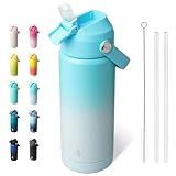 BJPKPK Insulated Water Bottle with Straw Lid, 18oz Thermos Water Bottles with Soft Nozzle, Flex Handle & Non-slip Boot, BPA Free Leak Proof Stainless Steel Metal Thermos, Tumblers, Cups,Sea Salt