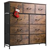 WLIVE 9-Drawer Dresser, Fabric Storage Tower for Bedroom, Hallway, Entryway, Closet, Tall Chest Organizer Unit with Fabric Bins, Steel Frame, Wood Top, Easy Pull Handle, Rustic Brown Wood Grain Print