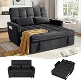 tiramisubest 54'' Sleeper Sofa Bed, Convertible Pull Out Couch Futon for for Living Room,Apartment (Black, Loveseat) Side Pockets, Velvet Fabric, Adjustable Backrest, Pull-Out Bed, Easy Assembly