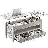 Seventable Coffee Table, 47.2" Lift Top Coffee Table with 2 Storage Drawers and Hidden Compartment, Retro Center Table with Wooden Lift Tabletop for Living Room, Gray