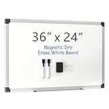 VUSIGN 36" x 24" Magnetic Whiteboard for Wall, Dry Erase Board with Silver Aluminum Frame, Hanging White Board for Office, Home, Classroom – Includes 1 Eraser, 2 Multicolor Markers & 4 Magnets