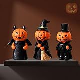YLDAFUQE Decorations Indoor Pumpkin Figurine Set of 3, Mini Handmade Resin Trinket Tray Broom & Witch Pumpkin, Decor for Tabletop Mantel Shelf Home Office Party
