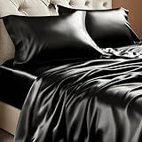 BEDELITE Satin Sheets Queen Size Bed Set, Luxury Soft Black Silky Sheets for Hair and Skin, Similar to Silk Bed Sheets Set 4 Pieces with 1 Deep Pocket Fitted Sheet, 1 Flat Sheet, and 2 Pillowcases