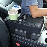 Supin Car Armrest Cushion - Multifunctional Faux Leather Armrest Cushion with Cup Holder, Phone Storage, and Ergonomic Design for All Seasons (BLack)