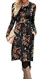 DB MOON Women Casual Long Sleeve Dresses Empire Waist Loose Dress with Pockets (Brown Floral Black, M)