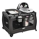 Pamo Babe Pack and Play 4-in-1 Baby Playard with Bassinet & Changing Table, Foldable Portable Playpen with Mattress, Travel Crib for Newborn to Toddler 0-36M-Black