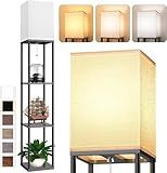 Floor Lamp with Shelves for Living Room, Shelf Floor Lamp with 3 CCT LED Bulb, Corner Display Standing Column Lamp Etagere Organizer Tower Nightstand with White Linen Shade for Bedroom, Office