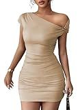 Acelitt Summer Off the Shoulder Dresses for Women 2026 Short Sleeve Ruched Bodycon Cocktail Party Knit Mini Dress Apricot Large