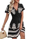 OFEEFAN Summer Dresses for Women Casual Boho Spring Dress Wrap A-line Floral Dress Flowy Sundresses Cruise Outfits Babydoll Black Print M