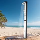VINGLI 16 Gallon Solar Heated Outdoor Shower, 7.2FT Height, Freestanding Outside Shower with 360° Swivel Shower Head & Foot Faucet, Hot & Cold Water Adjustment, Sliver & Black