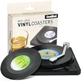 Funny Retro Record Coasters for Drinks with Vinyl Player Holder - Set of 6 Coaster White Elephant Gifts for Music Lovers, Conversation Piece Sayings,Housewarming Hostess Wedding Registry Gift Ideas