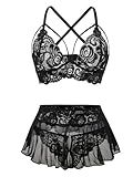 Foxiny Sexy Mini Skirt with Thong Floral Lace Sheer Bralette Lingerie Set 3 Piece Otufits Women See Through Bra Panty Strappy Black Medium