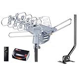 PBD Amplified Outdoor TV Antenna with 360° Motorized Rotation, UHF/VHF Long-Range Reception, Remote Control, Mounting Pole & 40FT RG6 Cable, Dual TV Outputs, Supports 4K/1080P Smart & Older TVs