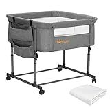 MTWML Twin Bassinet for 2 Babies,Portable Twins Crib with Storage Bag and Replaceable Mattress Cover,Adjustable Height Double Bedside Crib Attaches to Bed with Strap for 0-6 Months (Deep Grey)