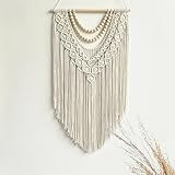 guzhiou Macrame Wall Hanging Boho Geometric Woven Tapestry Cotton Handmade Bohemian Art Decor with Wood Bead Wall Decor for Bedroom Living Room Apartment Nursery 31.5" L x 17" W (Wood bead-B)