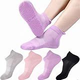4 Pairs Grip Socks Pilates Socks for Women Non Slip Yoga Athletic for Barre Travel (US, Numeric, 5, 9, Regular, Regular, 4, Purple/Pink/Black/Grey)