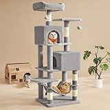 Feandrea Cat Tree, 59.5-Inch Tall Cat Tower, Plush Multi-Level Condo with 5 Scratching Posts, 2 Perches, 2 Caves, Hammock, 2 Pompoms, Light Gray UPCT192W01