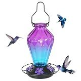 Glass Hummingbird Feeder for Outdoors Hanging, 25Oz Humming Bird Nectar Feeder, Perch, 5 Flower Feeding Ports, Leak Proof Base, Hook for Outside Garden Backyaard, Gift for Women, Diamond Purple