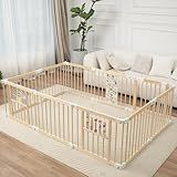 Foldable Wooden Baby Playpen Activity Center,Adjustable Size & Shape Portable Play Yard, Baby Fence Play Area with Gate for Indoor Use for Babies and Toddlers(82x55x24inches)
