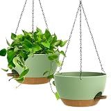 UOUZ 13 Inch 2 Pack Large Self Watering Hanging Planters for Indoor Outdoor Plants, Hanging Plant Pots with Removable 50 Oz Reservoir, Plastic Hanging Basket for Window Porch Garden, Green with Brown