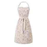 Aoomzoon Kitchen Aprons for Women with 2 Pockets,Double Sided Vintage Adjustable Apron for Gardening Cooking Arting Painting (Brown/Pink Flowers)