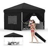 GarveeLife 10'x10' Pop Up Canopy Tent with 4Pcs Sidewalls, Portable Instant Commercial Canopy with 4 Stakes, 4 Ropes, 4 Sandbags for Farmers' Market, Patio, Outdoor, Camping, Black