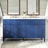 AMERLIFE 60" Bathroom Vanity with Double Sink, Modern Solid Wood Vanity Cabinet, 30-Minute Easy Assembly, 3 Storage Drawers & Adjustable Shelves, Navy Blue