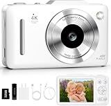 Digital Camera 4K Autofocus Vlogging Camera for Photography with 16X Zoom Anti Shake, 32GB Card, 48MP Compact Portable Point and Shoot Camera Gift for Kids Boys Girls Beginner（White）
