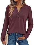 AUTOMET Long Sleeve Shirts for Women Blouses 2025 Fall Clothes Plus Size Dressy Casual Tops Henley Trendy Cute T Shirts Business Winter Clothing Fashion Outfits Wine L