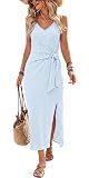 OFEEFAN Dresses for Women Summer Maxi Dresses for Women Cocktail Graduation Dress Casual Long Sundresses Sleeveless Flowy Beach Vacation Travel Outfits Striped Blue L