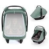 Blissful Diary Baby Car Seat Cover, Extra Large Mesh Window, Breathable Muslin Cotton, Infant Windproof Canopy, Must-Have Baby Gift - Roman Green