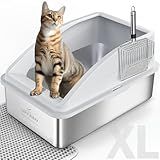Stainless Steel Litter Box | XL Enclosed Cat Litter Boxes with Lid for Big Cats | High Sided, Anti-Urine Leakage | Non-Stick Bottom & Includes Litter Mat & Metal Scoop