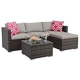 GAOMON 5-Piece All-Weather Patio Furniture Set, Convertible Outdoor Sectional Sofa with Ottoman & Tempered Glass Table, PE Rattan Conversation Set for Garden, Backyard, Porch, Poolside