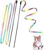 M JJYPET Cat Wand Toys Interactive Kitten Toys for Indoor Cats Colorful Teaser Wand String for Exercise Kitten Stick Kitty Rope Toy Rainbow Ribbon Cat Charmer -2Pcs