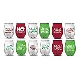 Pen Kit Mall PKM - Stemless Wine Glasses - Set of 12 - NOVELTY FUNNY SAYINGS - CAMPING -CHRISTMAS - NEW YEARS HALLOWEEN (Not Glass) (CHRISTMAS THEMED)